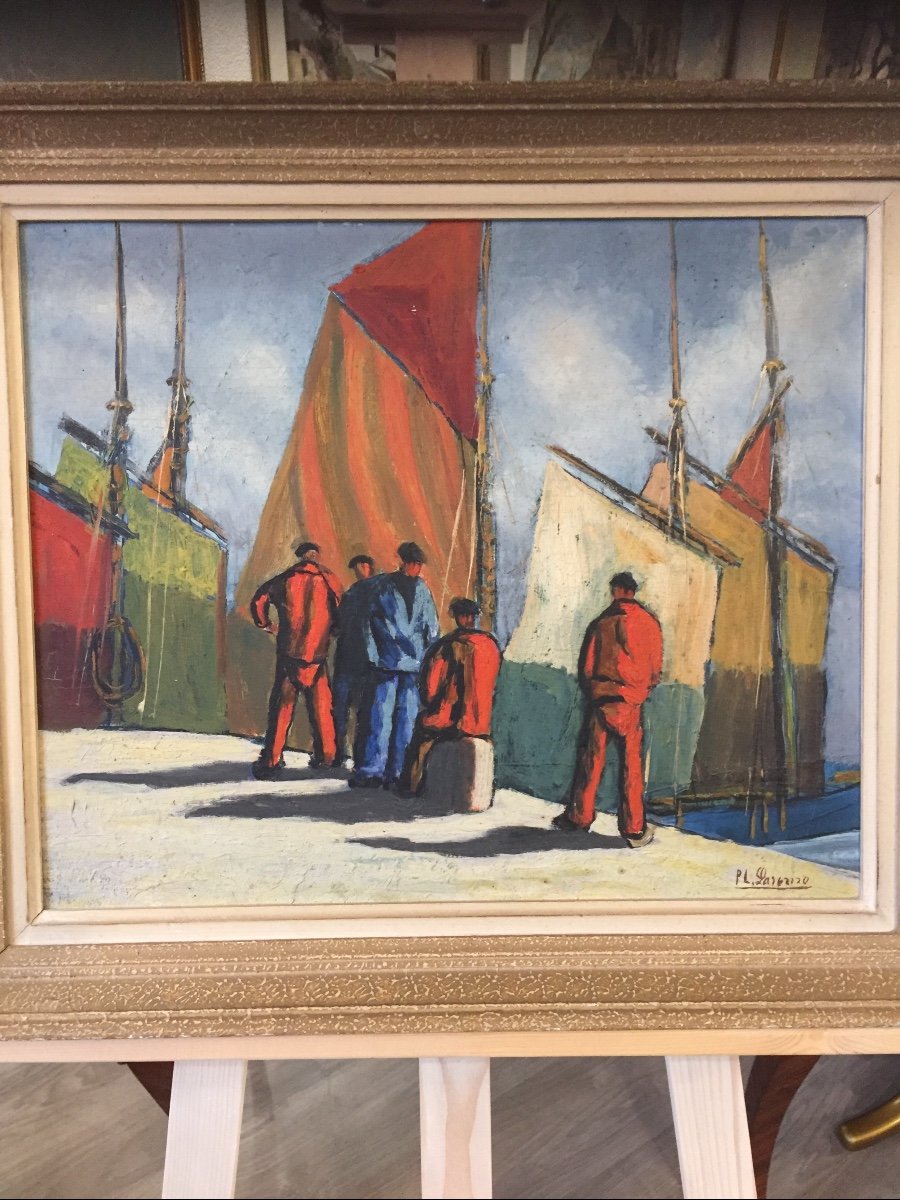 Oil Painting On Panel Fishermen At The Quay 