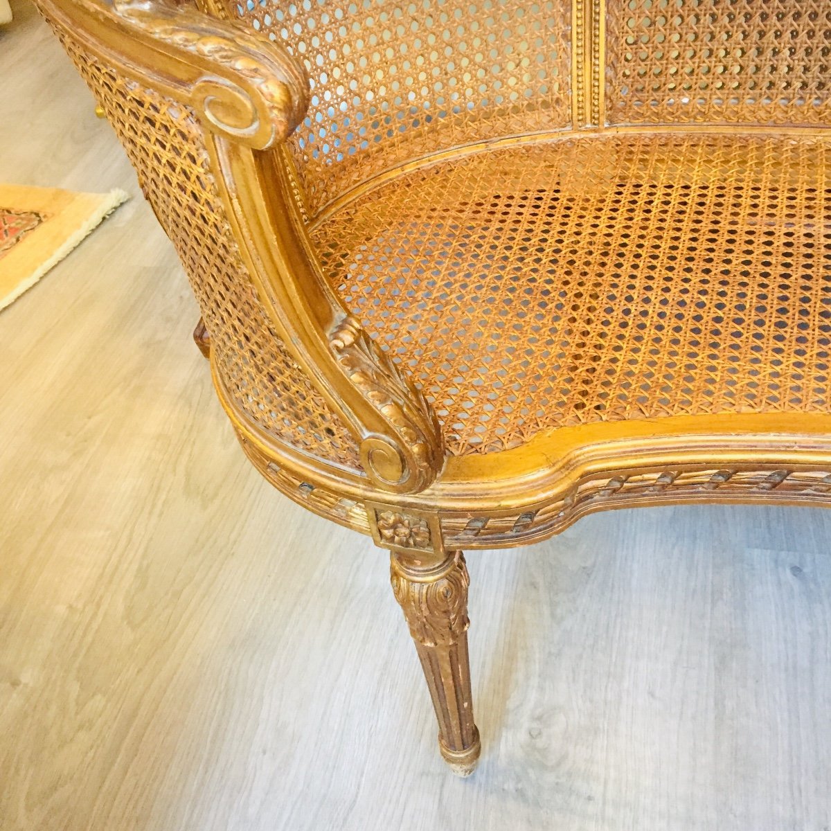 Petite Banquette Meridienne  Cannée En  Bois Doré de Style Louis XVI 19 éme Siècle -photo-1