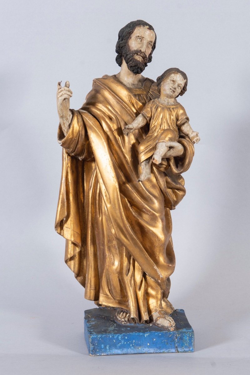 Polychrome And Gilded Wooden Sculpture Of Saint Joseph And The Child Jesus, 18th Century 