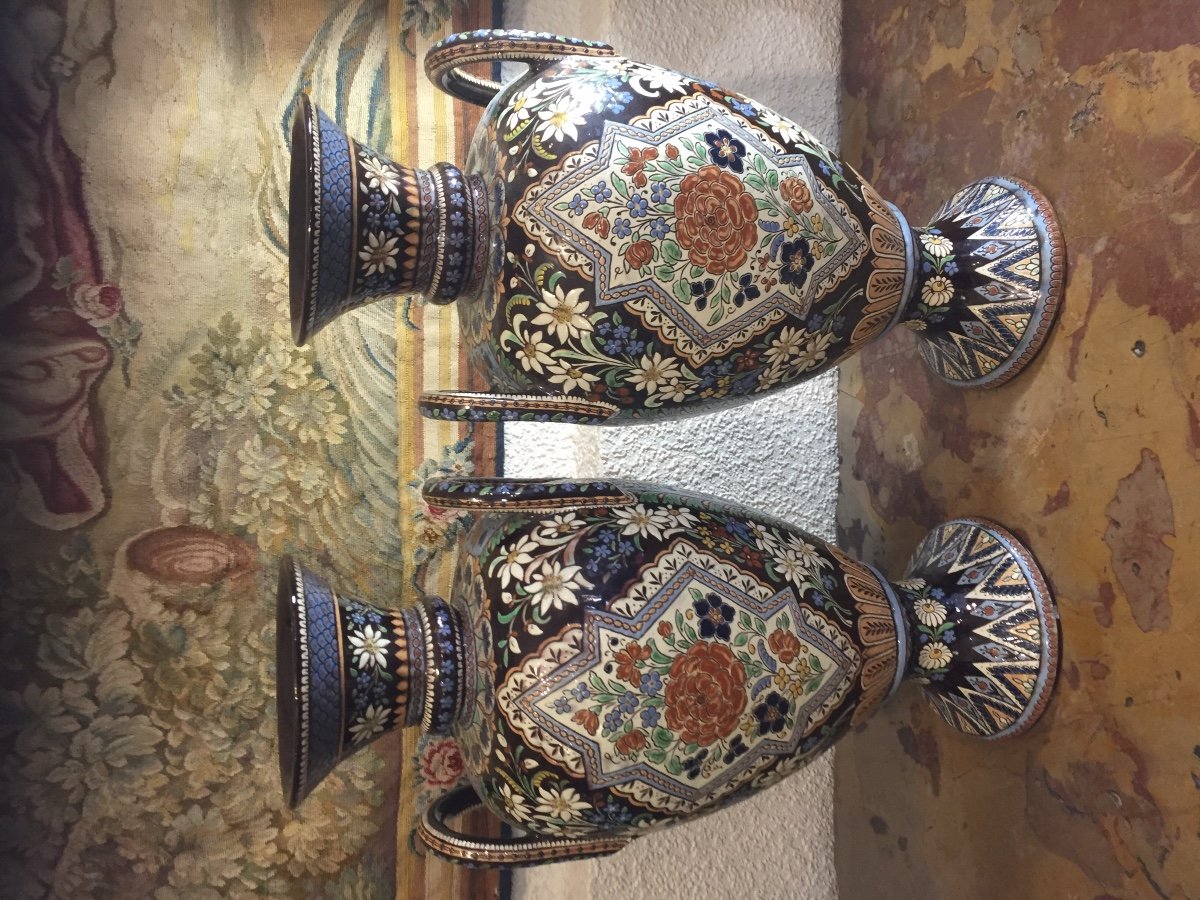 Pair Of Large Vases On Shower Feet In Enameled Earthenware 19th Century  -photo-2