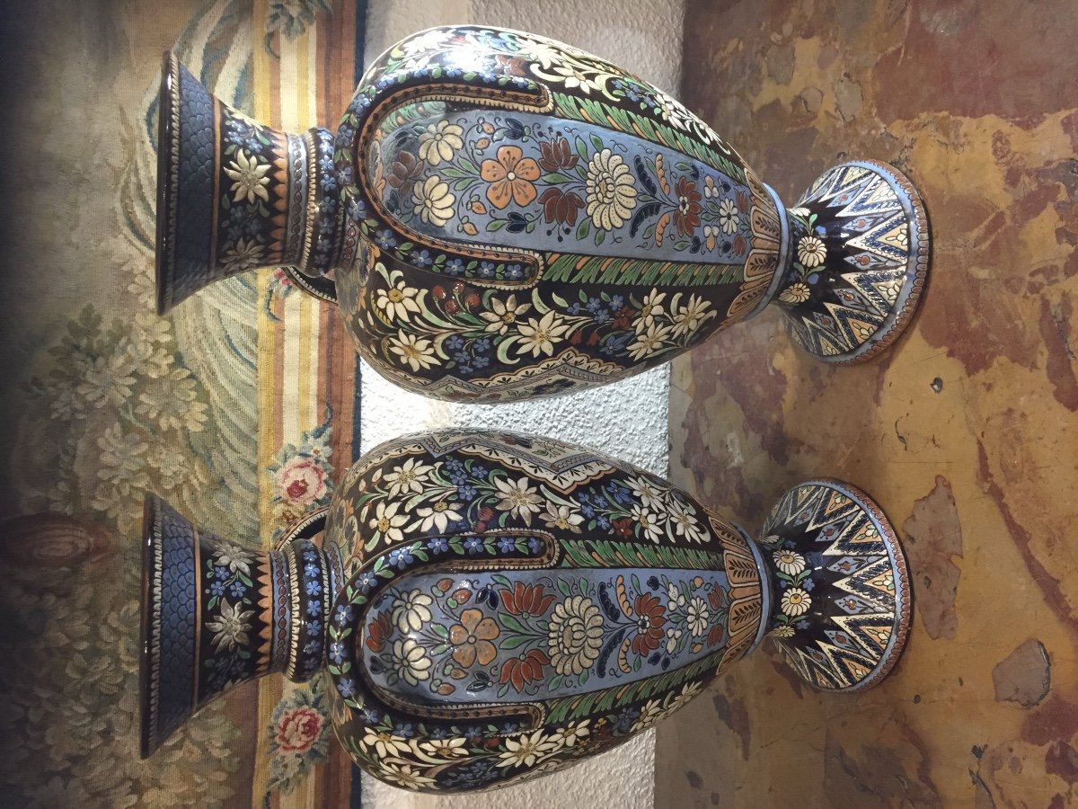 Pair Of Large Vases On Shower Feet In Enameled Earthenware 19th Century  -photo-3