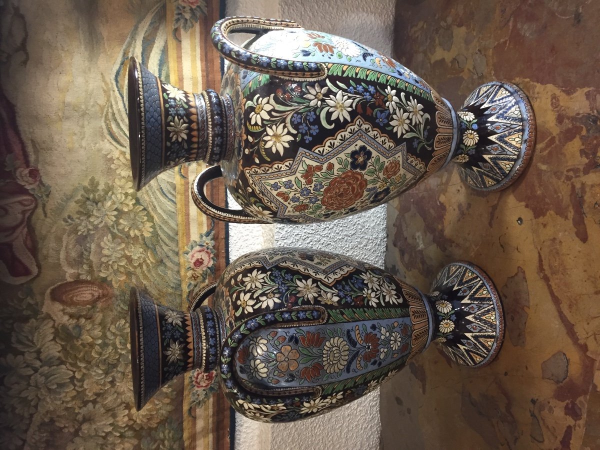 Pair Of Large Vases On Shower Feet In Enameled Earthenware 19th Century  -photo-4