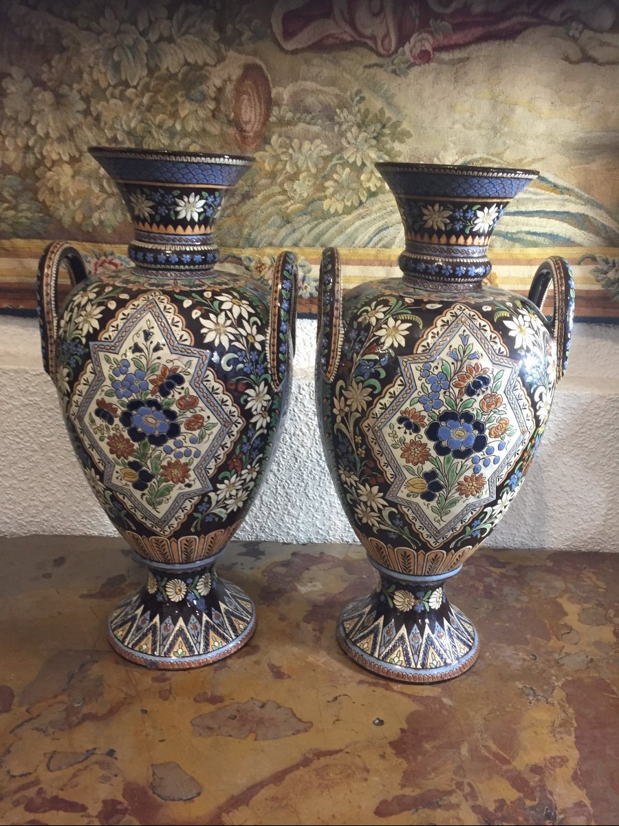 Pair Of Large Vases On Shower Feet In Enameled Earthenware 19th Century  