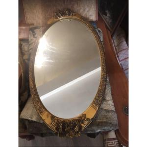 Oval Mirror In Carved Gilded Wood, 1930s