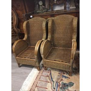 Pair Of Rattan And Bamboo Wingback Chairs From The 60s