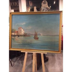 Oil Painting On Canvas Representing A 19th Century Marine Signed And Titled 