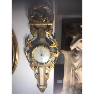 Louis XVI Barometer In Gilded And Retouched Carved Wood 