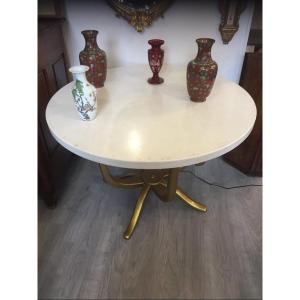 Table With Gold Metal Base And Marble Top, 1980s