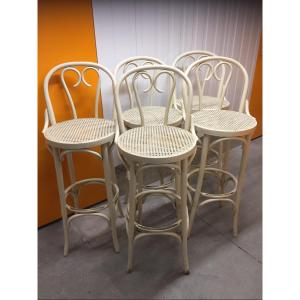 Set Of 5 Curved Wooden Bar Stools With Caned Seat From The 50s/60s