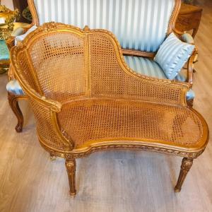 Small Caned Meridian Bench In Gilded Wood In Louis XVI Style, 19th Century 