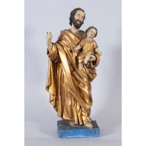 Sculpture En Bois Polychrome Et Doré Saint Joseph Et L’enfant Jésus 18ème Siècle 