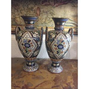 Pair Of Large Vases On Shower Feet In Enameled Earthenware 19th Century  