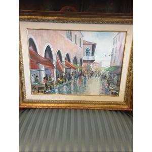 Oil Painting On Canvas Representing A Lively Market In Venice Signed 