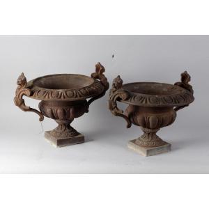 Pair Of Cast Iron Vases. Chambord Model