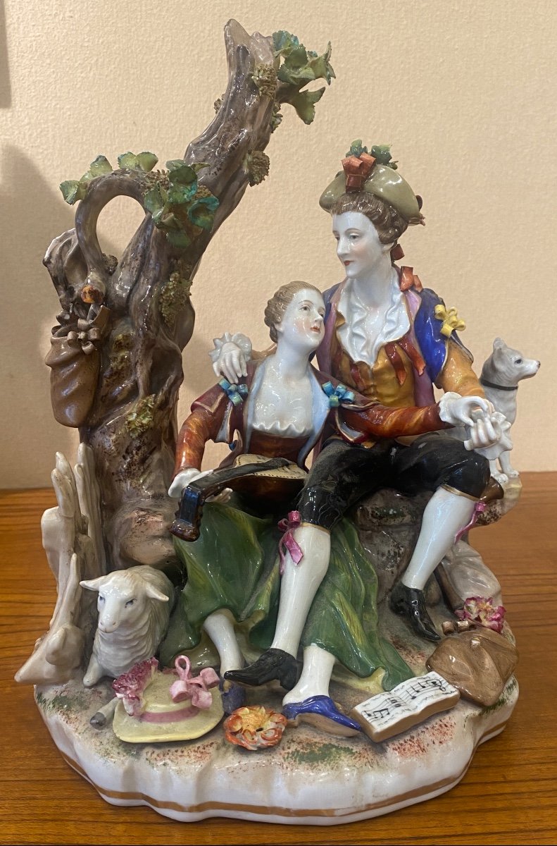 Sculpture Of Musicians German Polychrome And Gilded Porcelain Signed 19th Century