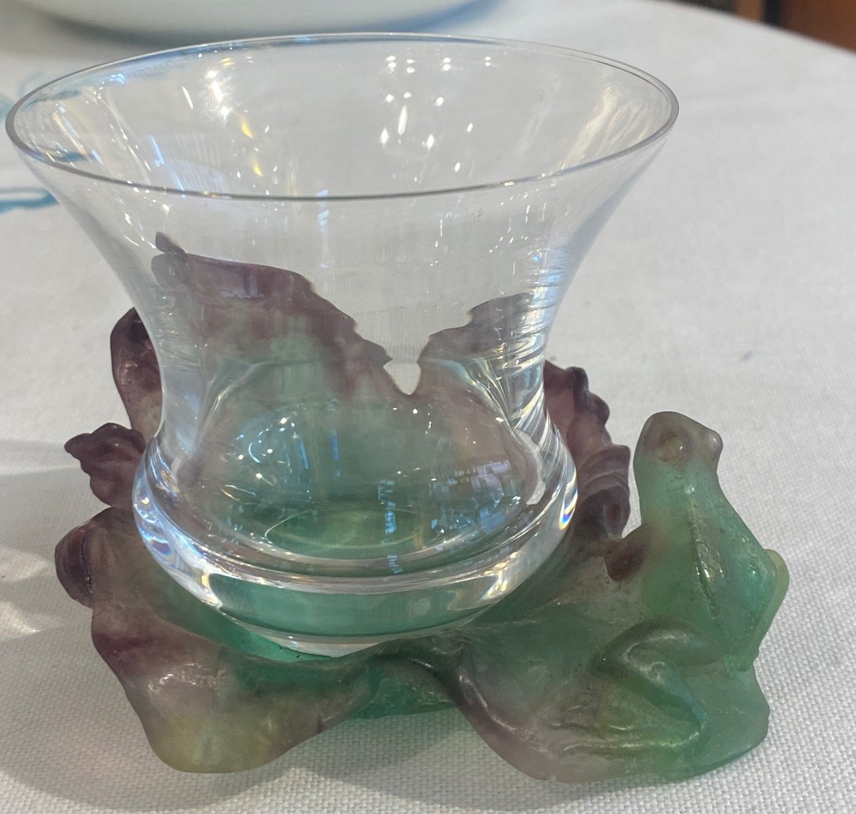 Daum, France Vide Poche Grenouille En Pate De Verre Avec Petit Gobelet En Cristal-photo-4