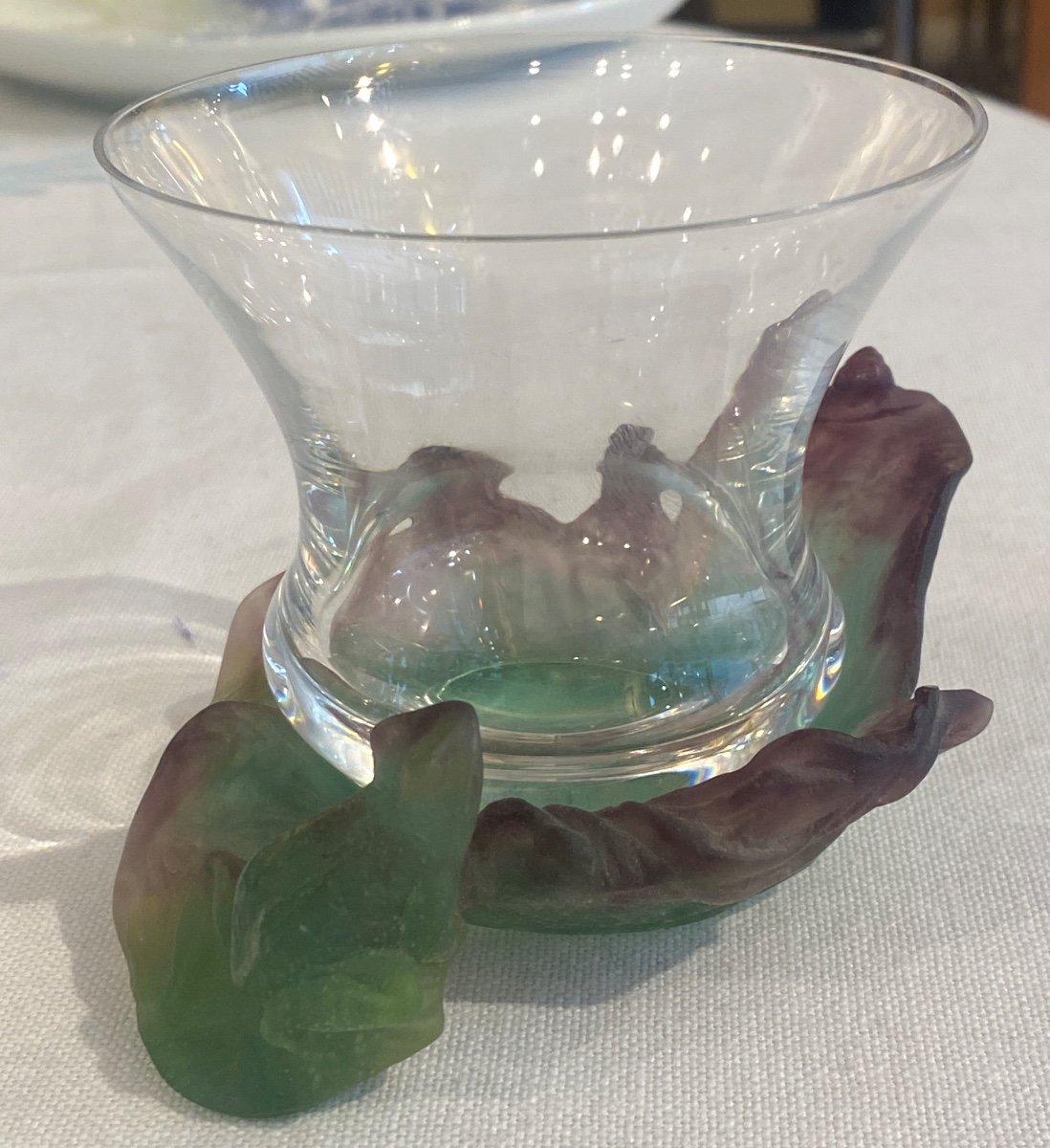 Daum, France Vide Poche Grenouille En Pate De Verre Avec Petit Gobelet En Cristal