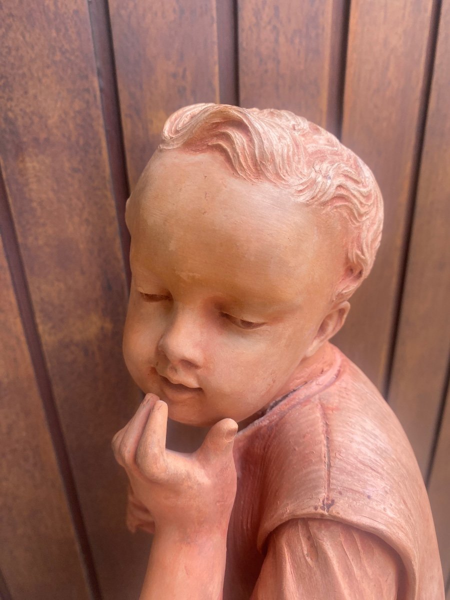 Grande Sculpture d'Enfant En Terre Cuite de Charles Martial Baury 1868-photo-4