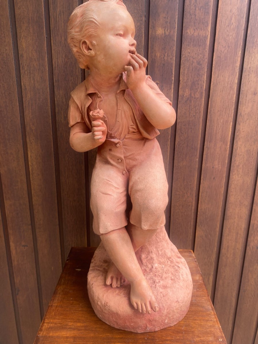 Grande Sculpture d'Enfant En Terre Cuite de Charles Martial Baury 1868