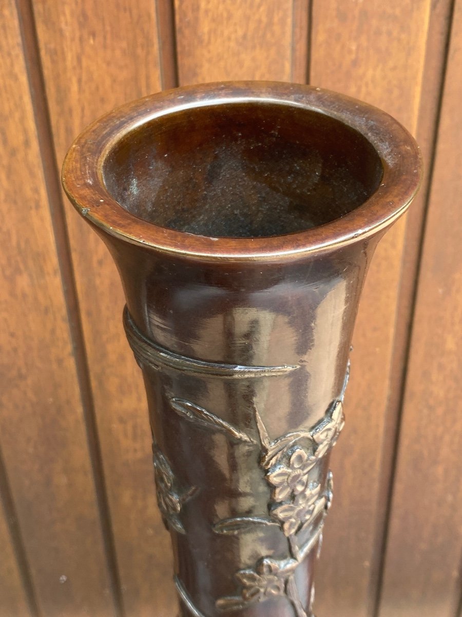 Grand Vase Japonais en Bronze Rehausser d'oiseaux de branches et feuilles  Fin du 19ème siècle-photo-2