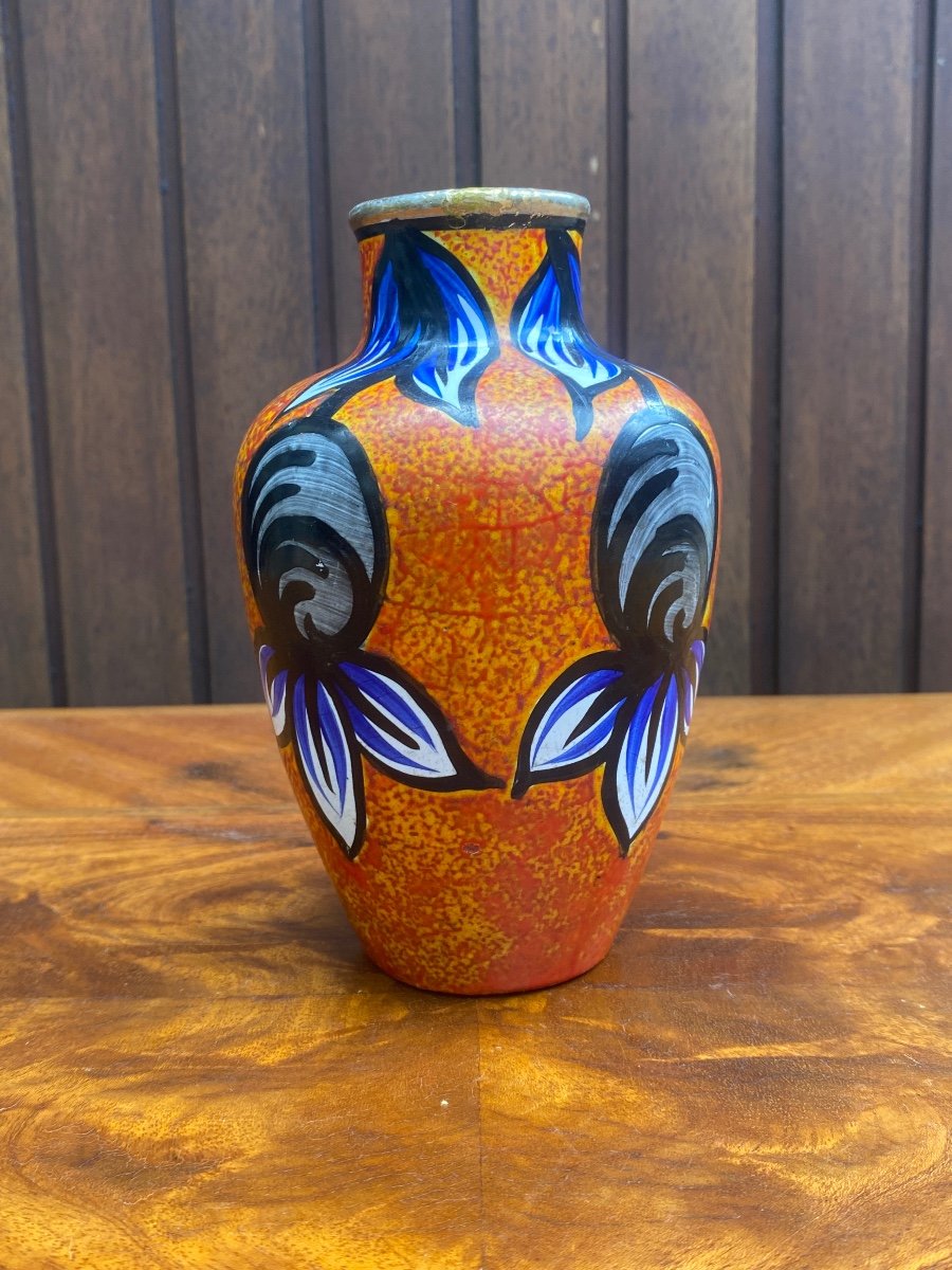 Vase Orange Avec Fleurs Stylisées Art Déco 1930-photo-2