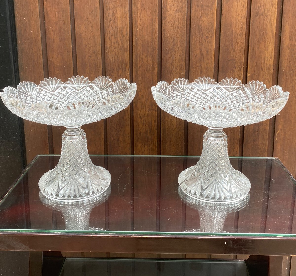 Pair Of Crystal Fruit Bowls On Pedestal   Signed Val Saint Lambert 1900 Art Nouveau