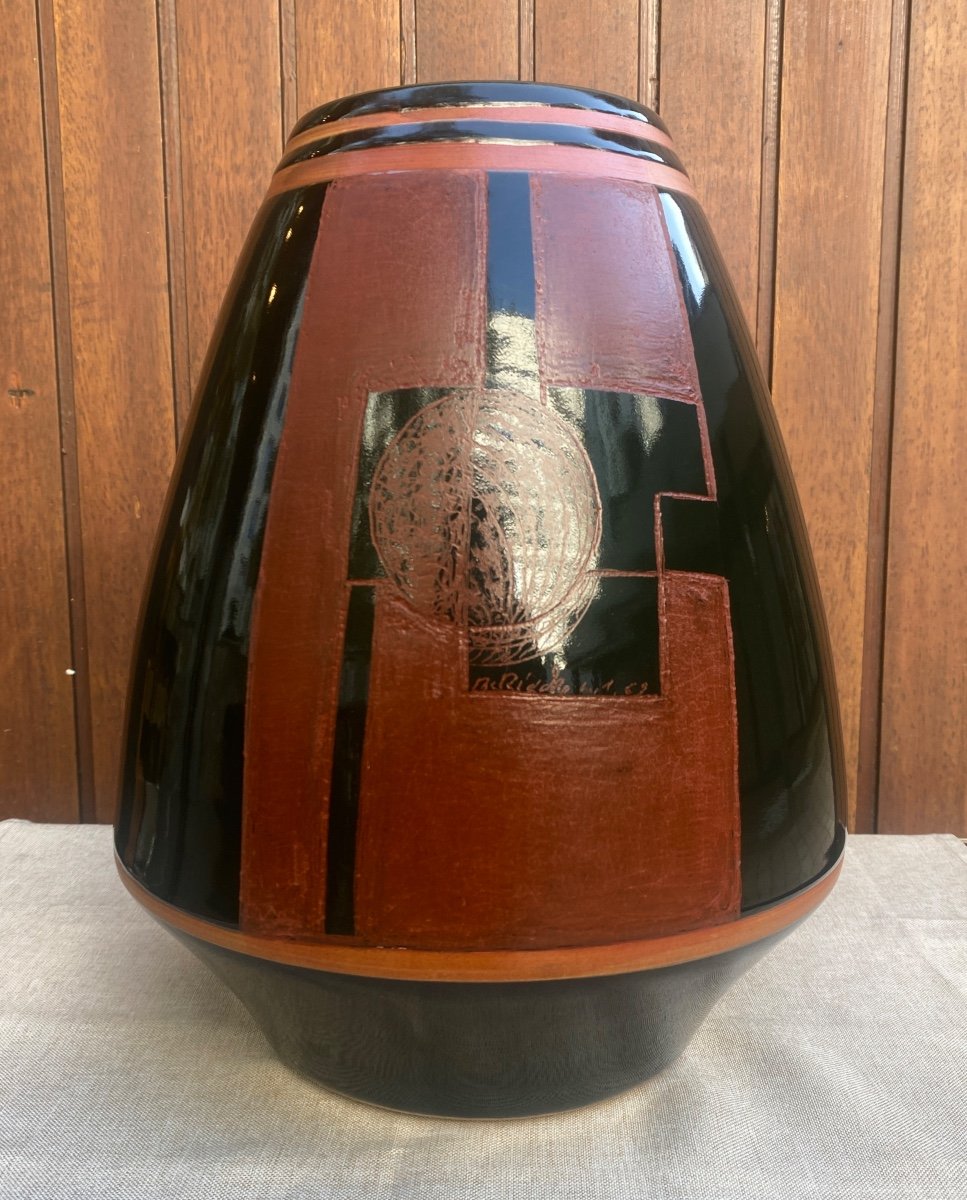 Grand Vase Ceramique Signé Anatole Riecke 31 Cm 1969 Style Art Deco Piece Rare!