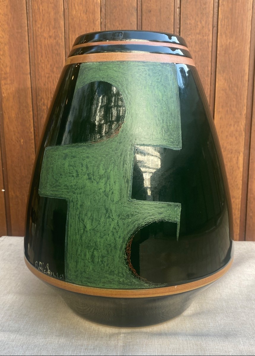 Green Ceramic Signed Anatole Riecke 31 Cm 1969 Art Deco Style Rare Piece!