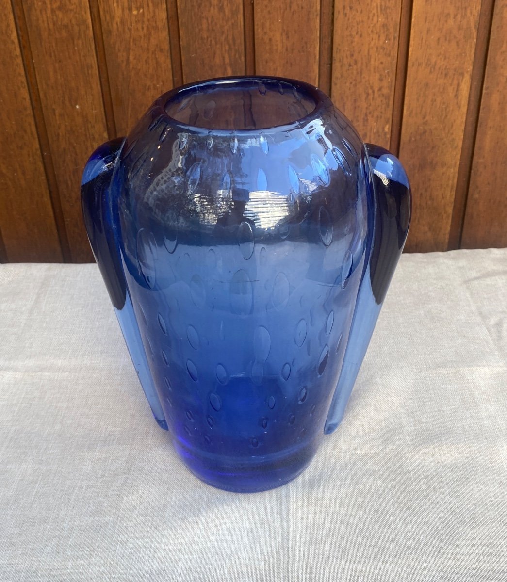 Vase Bleu En Verre Souflée bullée De Murano 1960-photo-3