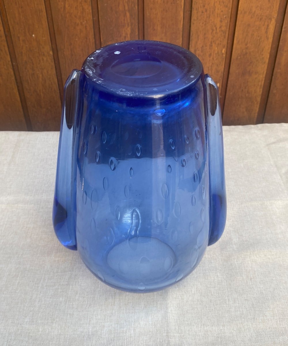 Vase Bleu En Verre Souflée bullée De Murano 1960-photo-4