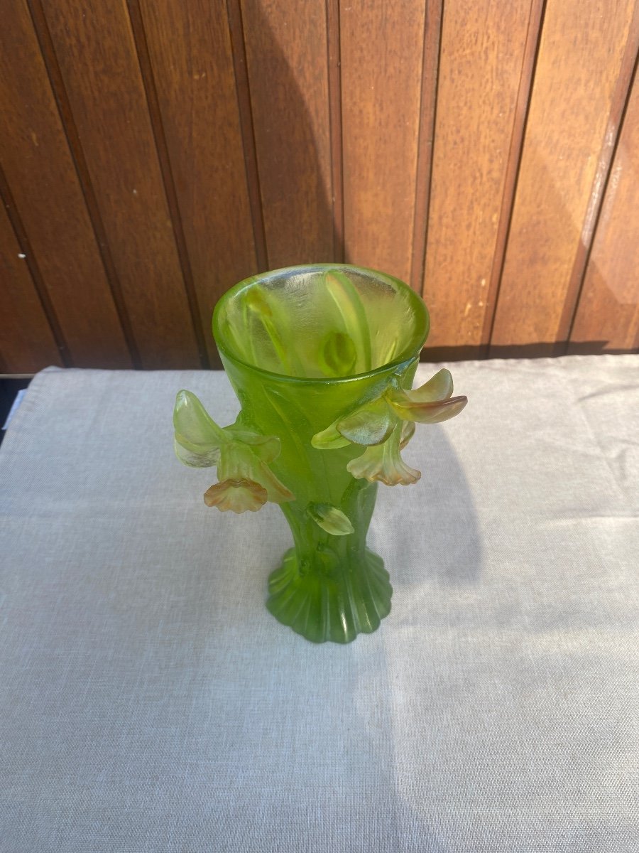 Very Beautiful Vase Signed Daum France Green With Subtle Orange Tint-photo-4