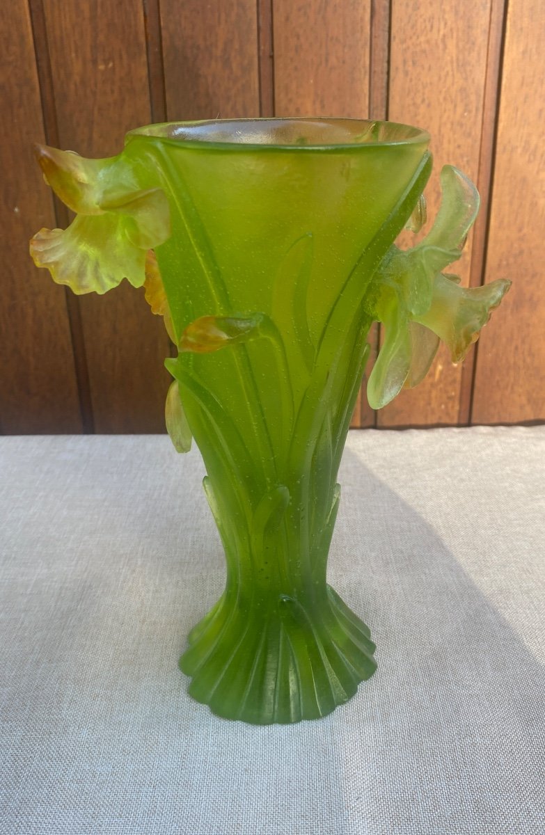 Very Beautiful Vase Signed Daum France Green With Subtle Orange Tint