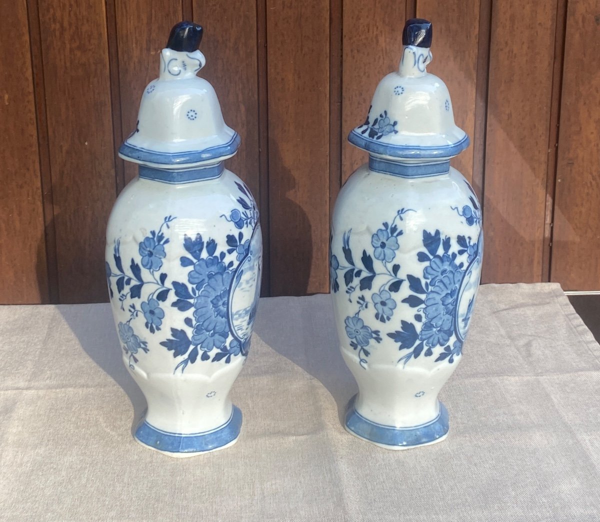 Pair Of Signed Delft Hand Painted Vases 19th Century Perfect Condition