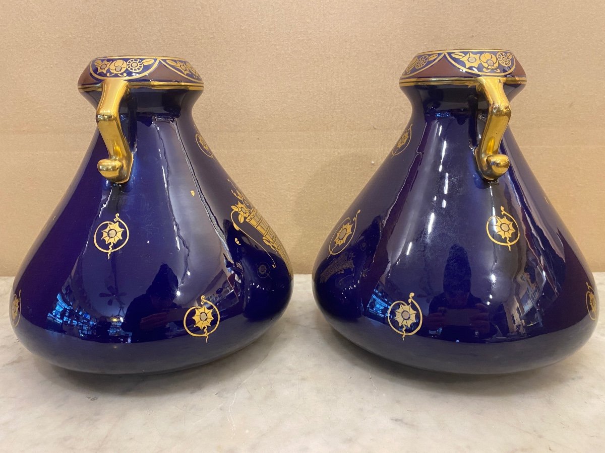 Pair Of Vases From Tours Signed Pinon-heuzé Blue And Gold 1920-1930-photo-2