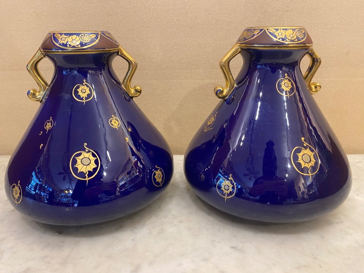 Pair Of Vases From Tours Signed Pinon-heuzé Blue And Gold 1920-1930-photo-3