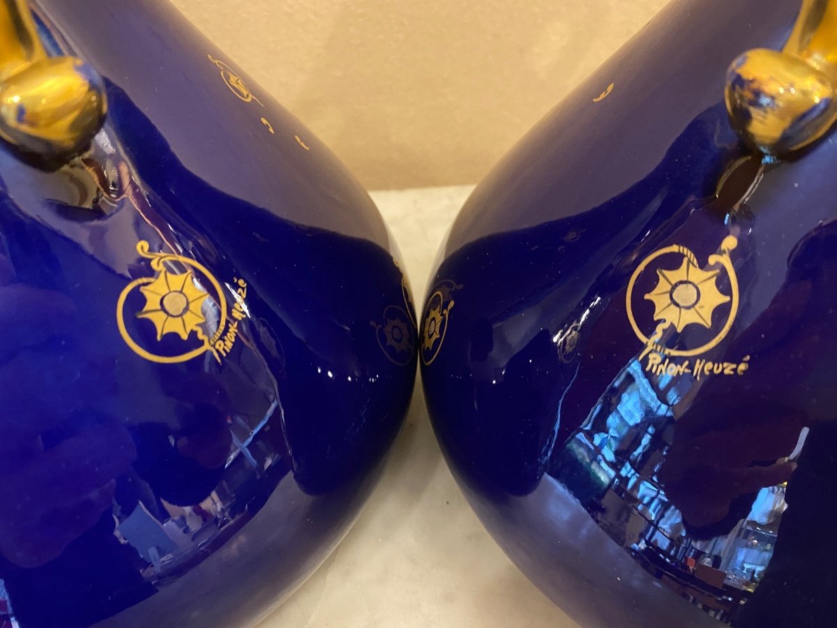 Pair Of Vases From Tours Signed Pinon-heuzé Blue And Gold 1920-1930-photo-4