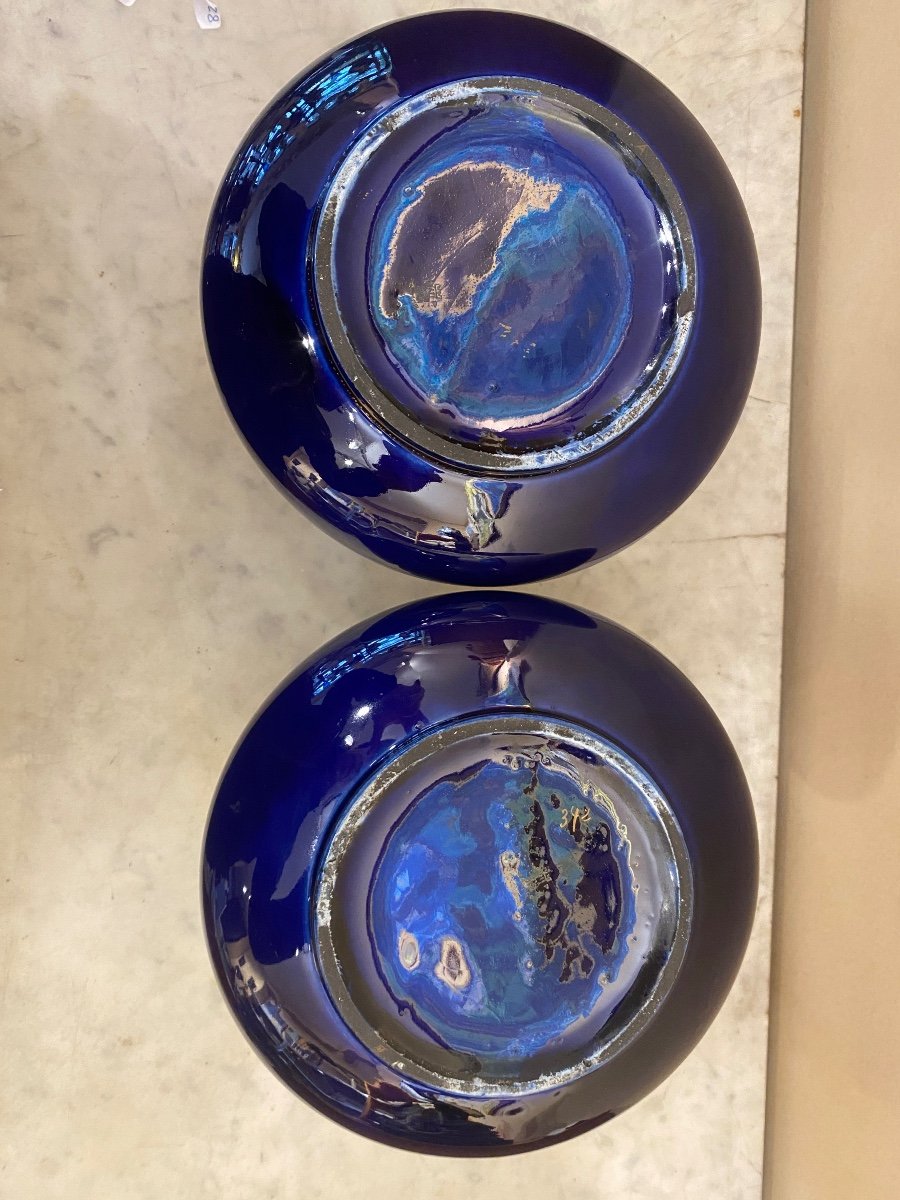 Pair Of Vases From Tours Signed Pinon-heuzé Blue And Gold 1920-1930-photo-1