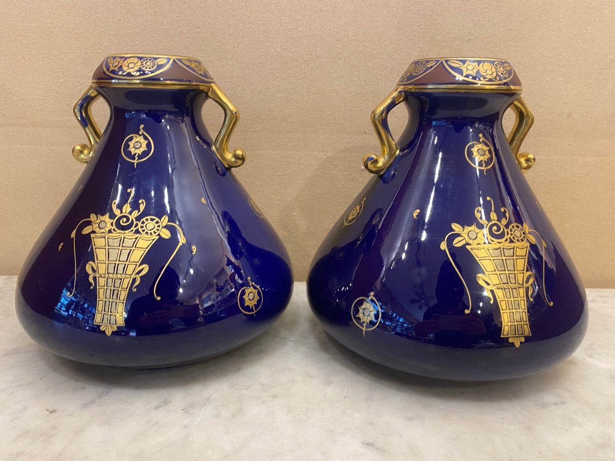 Pair Of Vases From Tours Signed Pinon-heuzé Blue And Gold 1920-1930