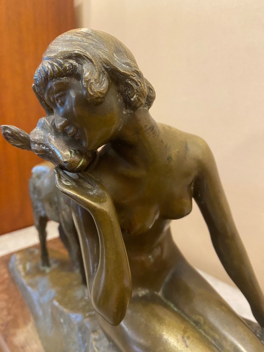 Bronze Sculpture Of Woman And Deer Signed By Pierre Alexander Molton Sealed With Medal Of Honor-photo-4