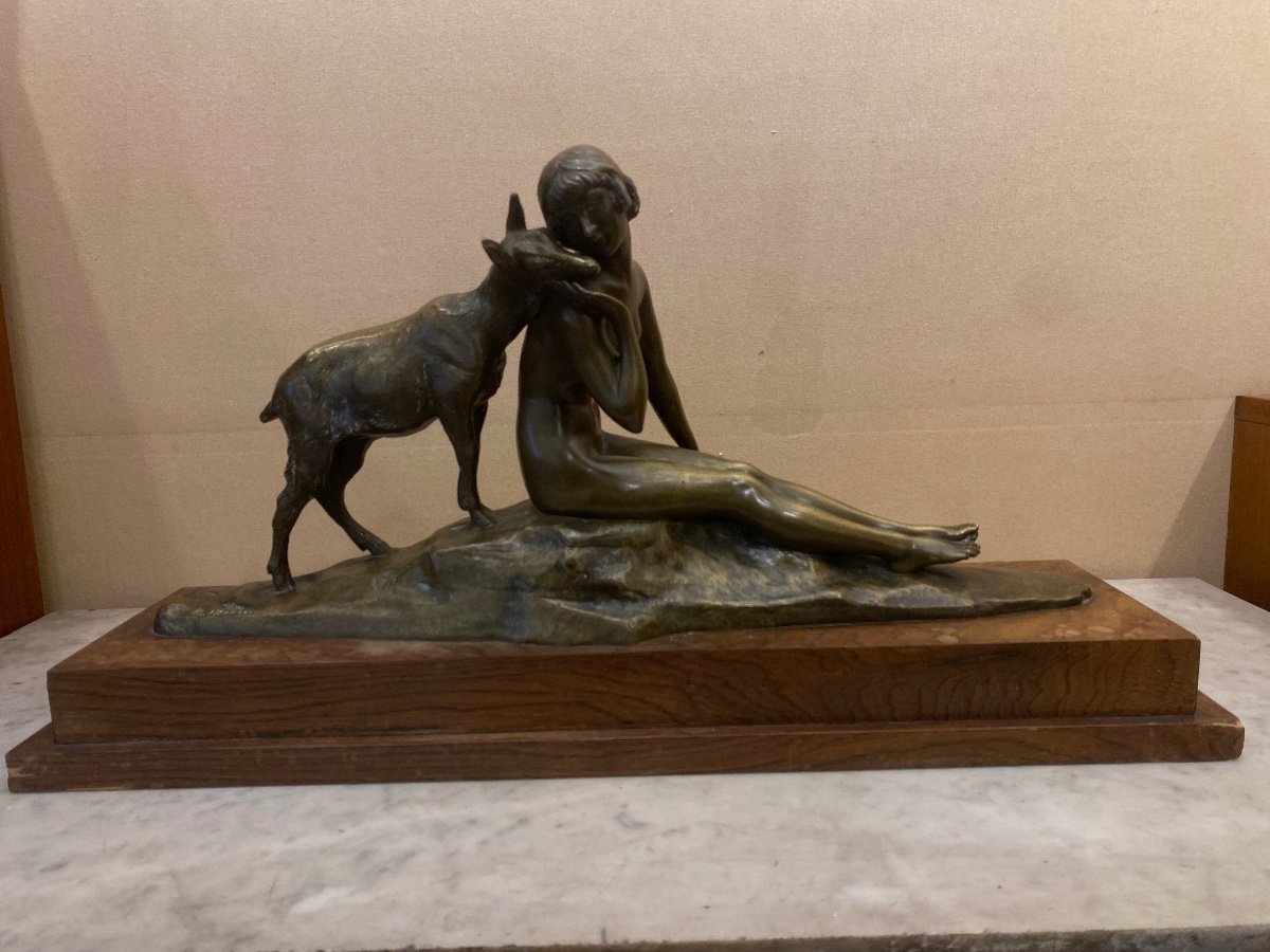 Bronze Sculpture Of Woman And Deer Signed By Pierre Alexander Molton Sealed With Medal Of Honor