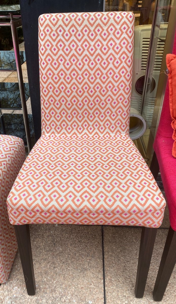 4 Fabric And Solid Wood Dining Table Chairs With 2 Ottomans And 3 Cushions From The 80s-photo-3