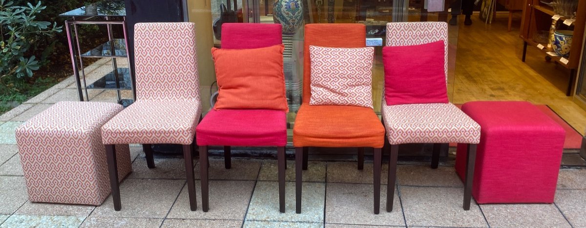 4 Fabric And Solid Wood Dining Table Chairs With 2 Ottomans And 3 Cushions From The 80s