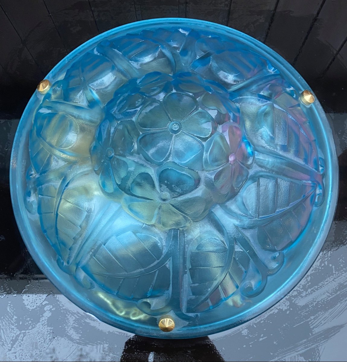 Electrified Satin Molded Pressed Blue Glass Ceiling Light With Flower And Leaf Motifs-photo-4