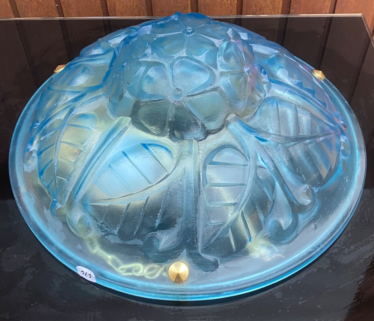 Electrified Satin Molded Pressed Blue Glass Ceiling Light Art Deco 1930