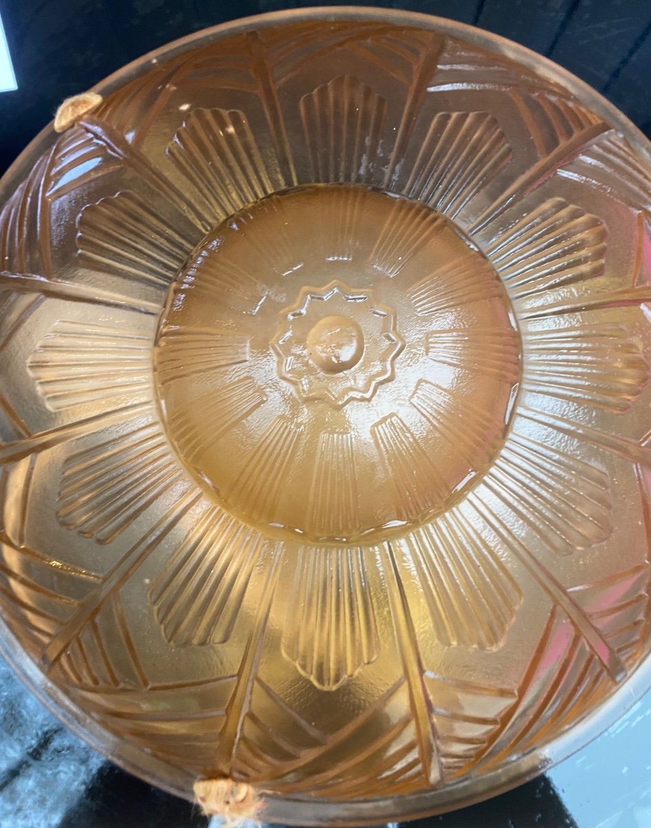 Plafonnier Verre Pressé Orange Rosé électrifié Art Déco 1930 Motif Abstrait-photo-3