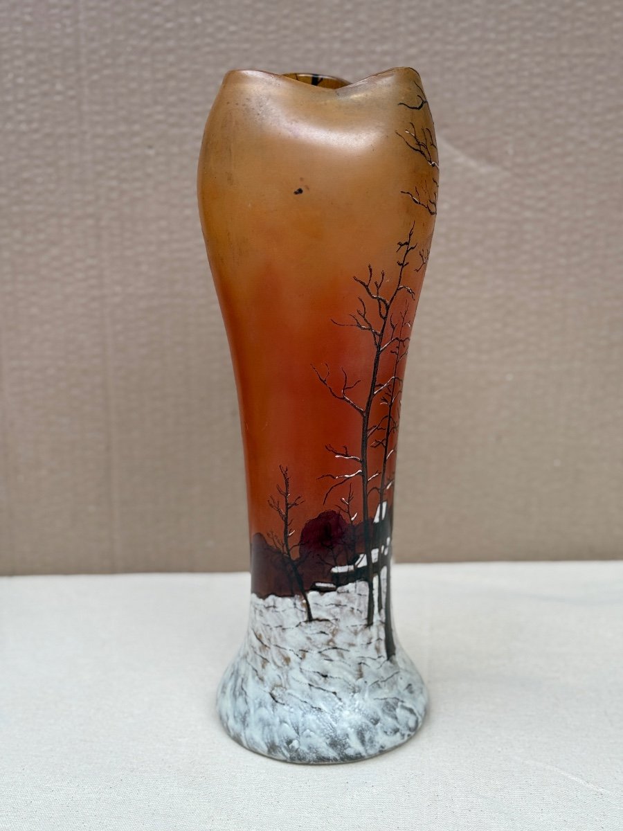 Long Enameled Glass Vase From Legras Of A Snowy Undergrowth 1900 Art Nouveau-photo-3