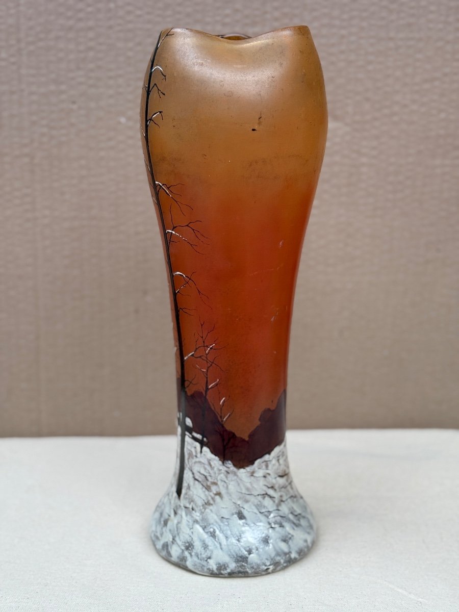 Long Enameled Glass Vase From Legras Of A Snowy Undergrowth 1900 Art Nouveau-photo-4