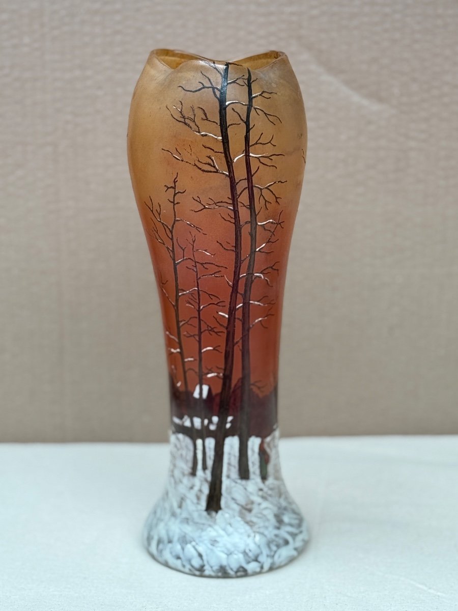 Long Enameled Glass Vase From Legras Of A Snowy Undergrowth 1900 Art Nouveau