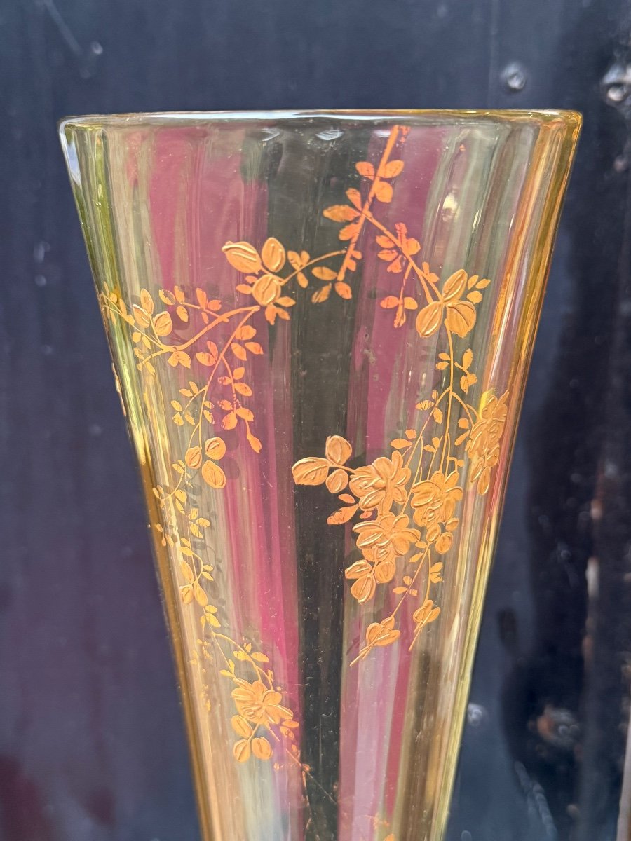 Long Cornet Vase Or Large Flute In Baccarat Napoleon III Glass Gilded With Fine Gold -photo-2