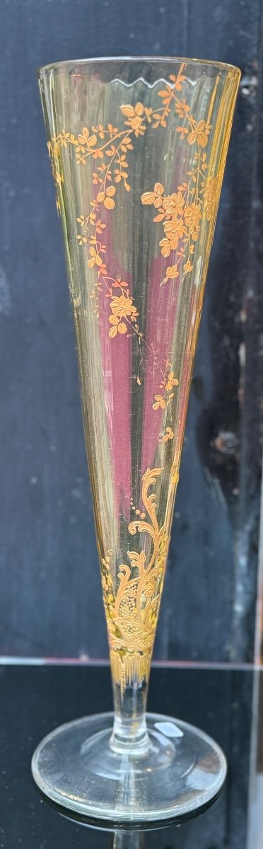 Long Cornet Vase Or Large Flute In Baccarat Napoleon III Glass Gilded With Fine Gold 